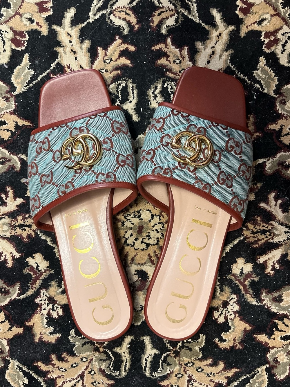 Gucci Blue & Brown GG Leather-Trim Slide Sandals with Gold-Tone Double G